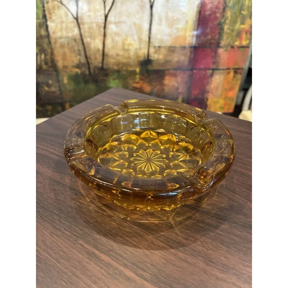 1960s Anchor Hocking Amber Glass Fairfield Starburst 6” Heavy Round Ashtray VTG